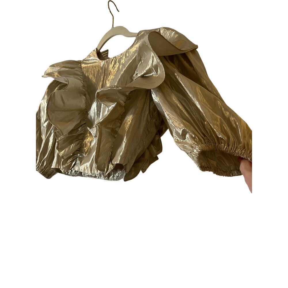 Lovers + Friends Revolve Crop Top Ruffle Metallic Foil Gold Puff Sleeve Sz XS - Picture 5 of 9